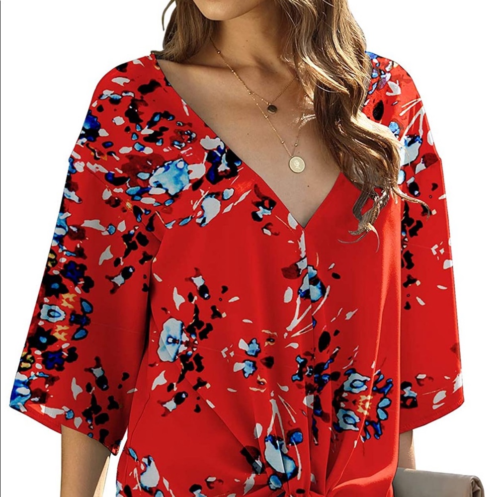 Tie Front Tops 3/4 Sleeve Loose V-Neck Blouse - Picture 4 of 10